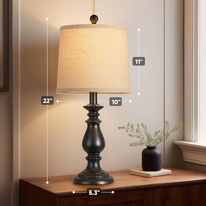 QiMH Farmhouse Table Lamp Set of 2, Rustic Table Lamps for Living Room, Vintage Nightstand Lamp with Rotary Switch, Beside Lamps for Bedroom, Traditional Table Lamps with Linen Shade, Matte Black