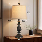 QiMH Farmhouse Table Lamp Set of 2, Rustic Table Lamps for Living Room, Vintage Nightstand Lamp with Rotary Switch, Beside Lamps for Bedroom, Traditional Table Lamps with Linen Shade, Matte Black