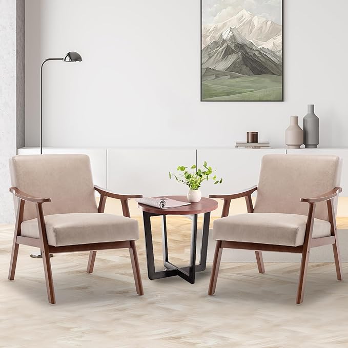 Furnimart Beige Accent Chair, Mid Century Modern Living Room Chair with Wood Frame, Comfy Armchair Wingback Chair for Office Study Vanity Bedroom Waiting Room