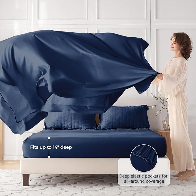 MUXHOMO 7 Pieces Full Comforter Set, Seersucker Bed in a Bag Full Size, All Season Luxury Bedding Set with Comforter, Flat Sheet, Fitted Sheet, Pillowcases & Shams, Navy Blue