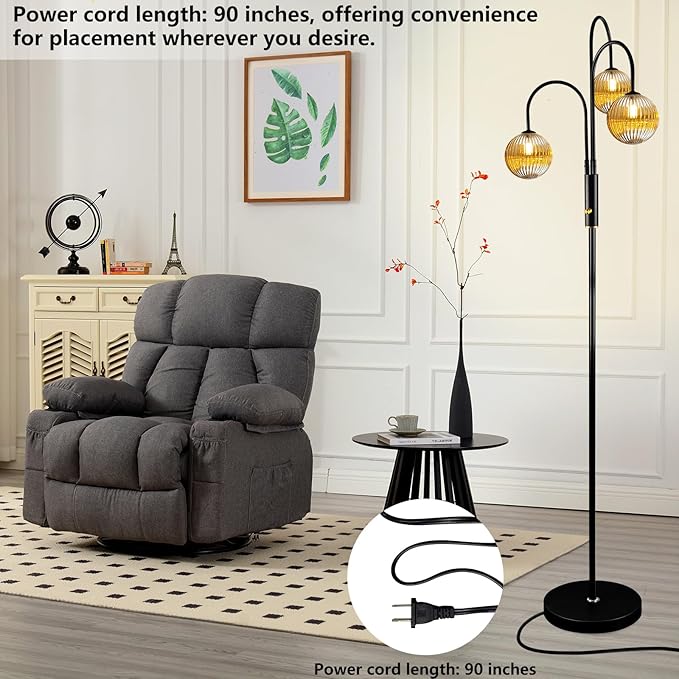 Lightdot 70IN Dimmable Floor Lamp for Living Room, 3 Light LED Tree Floor Lamps with 3Pcs Glass Globe, 3000K Soft Warm White for Wedding/Party, Mid Century Standing Tall Lamp for Bedroom/Office-Black
