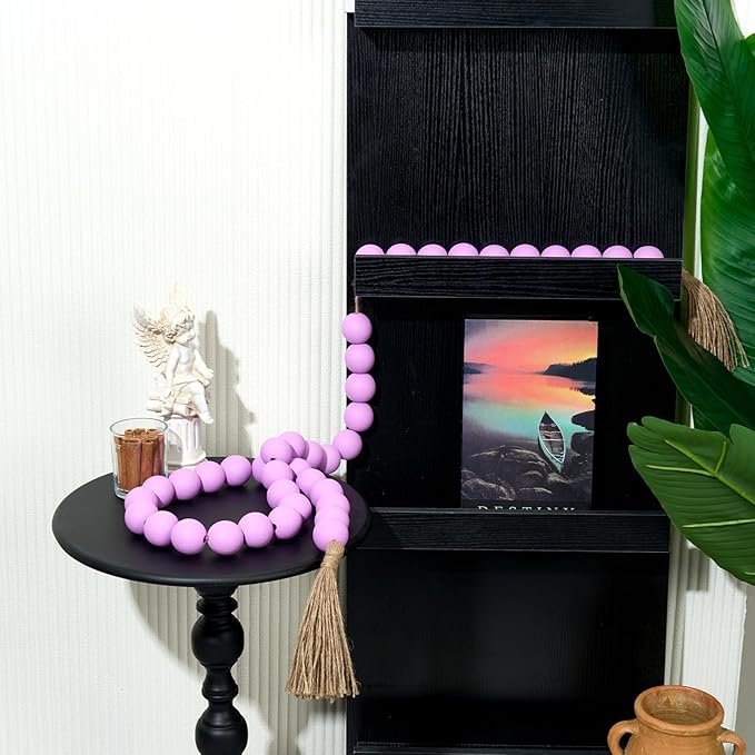 OMISHE 60" Long Large Wood Bead Garland with 1.6" Diameter Wooden Beads and Tassels, Rustic Farmhouse Country Wood Beads Garland for Home Tiered Tray Decor, Decorative Beads with Tassels Purple