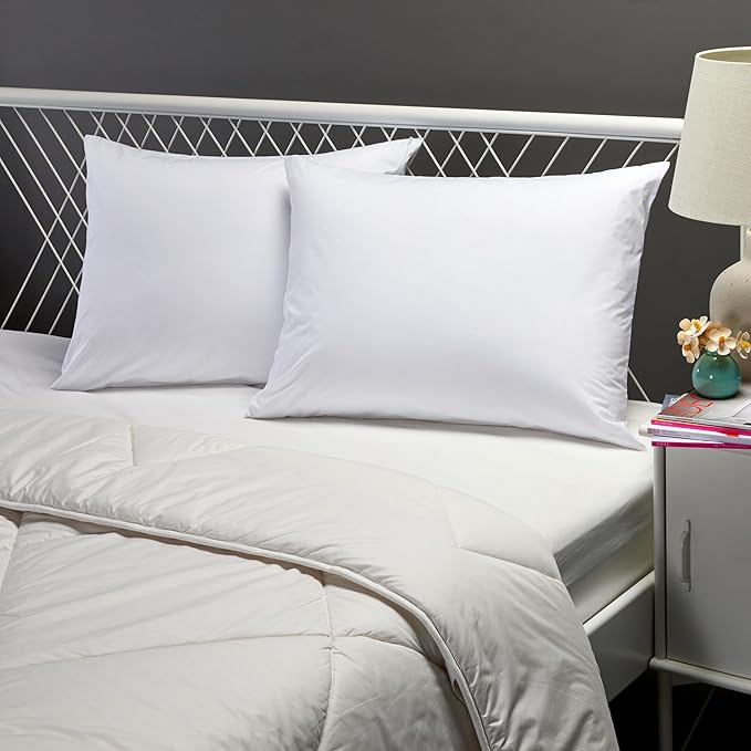 Amazon Basics Down Alternative Bed Pillows and Pillow Protector Case 2-Piece Set, Medium Density, Standard - Pack of 2, White, 26"L x 20"W