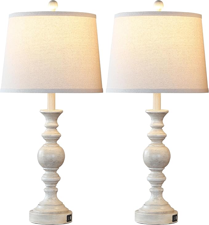 Farmhouse Lamp for Bedroom Set of 2, Rustic Table Lamp with Dual USB Charging Ports, 28" Tall Table Lamps with Linen Shade for Living Room, Bulb Not Included