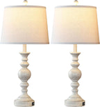 Farmhouse Lamp for Bedroom Set of 2, Rustic Table Lamp with Dual USB Charging Ports, 28" Tall Table Lamps with Linen Shade for Living Room, Bulb Not Included
