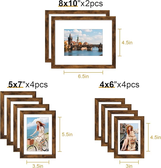 decorUhome Picture Frames Collage Wall Decor for Photo Gallery Display, Assorted Picture Frames set of 10 Including Two 8x10 / Four 5x7 / Four 4x6 for Family Wall Decor, Distressed Brown, 10 Pack