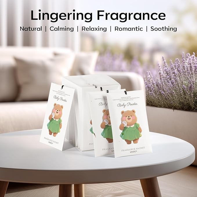 MYARO 12 Packs Baby Powder Scent Sachets Room Air Freshener for Closet Drawer Clothes Storage Small Space Odor Eliminator
