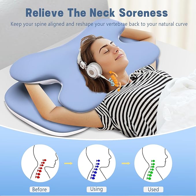 Cervical Pillow for Neck and Shoulder Pain Relief, Ergonomic Neck Pillow for Sleeping, Contour Memory Foam Cervical Pillow, Neck Pillow for Side Back Stomach Sleepers with Ice Silk Fabric (Blue)