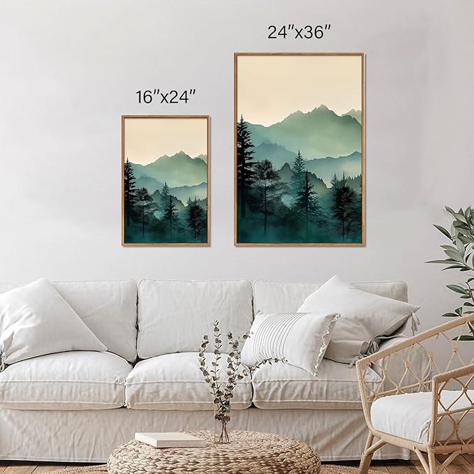 SIGNINART Large Mountain Framed Canvas Wall Art Set, Abstract Misty Forest Wall Decor, Foggy Nature Pine Tree Wall Painting, Modern Boho Sunrise Art Prints for Bedroom Living Room and Office 24"x36"x3