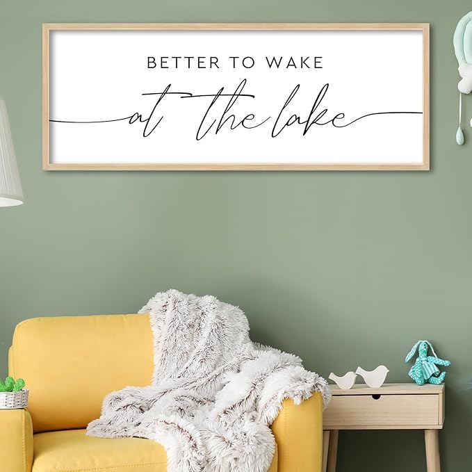 SRSZHIYUE Better To Wake At The Lake Wall Decor Above Bed Sign 32"×12" for Lake House Bedroom Over Bed Large Wood Framed Wall Hanging Art (Wood)