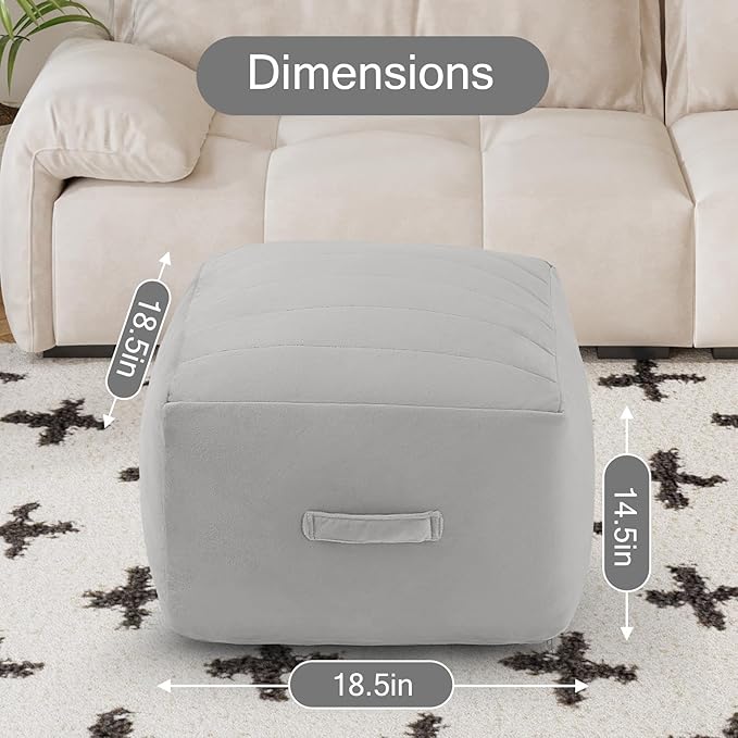 MeMoreCool Square Stuffed Pouf Ottoman Foot Rest, Floor Pouf Foot Stool with Foam Chunk Filling, Soft Stuffed Ottoman Footrest for Living Room, Light Grey