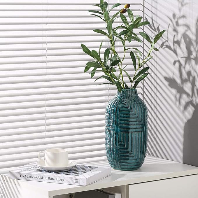 hjn Ceramic Vase- Teal Vase for Home Decor，Flower Vase for Centerpieces, Modern Decor Vases for Living Room/Bookshelf/Mantel/Home Decor Accents - Teal texture-Large-10.6" H