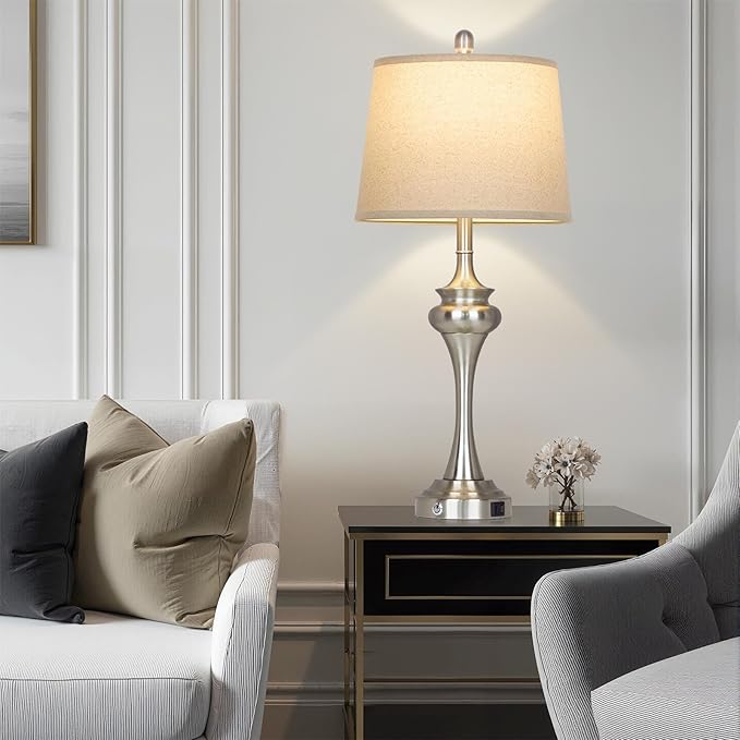 30" Silver Table Lamps Set of 2, 3 Way Touch Control Living Room Lamp with USB A+C Ports, Modern Brushed Nickel Bedroom Lamps, Tall Metal Bedside Lamp for Nightstand Desk Side Table Office