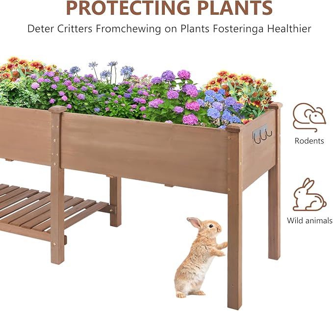 Raised Garden Bed with Legs Outdoor,Elevated Garden Box,Storage Shelf, Protective Liner for Backyard,Patio,Balcony,80x23x30in (Brown)