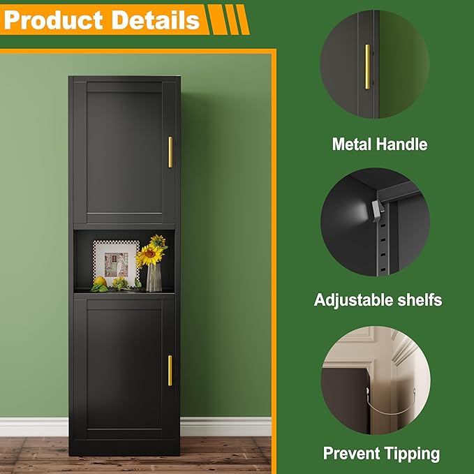 Tall Narrow Storage Cabinet 66.93" H Tall Bathroom Cabinet Metal Pantry Cabinets, 4 Adjustable Shelves for Kitchen, Home Office, Living Room, Dinning Room (16 inches Wide Black)