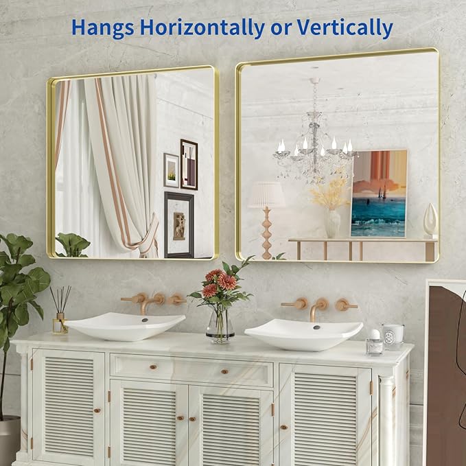 WEER Gold Bathroom Mirror, 36X36 Inch Brushed Metal Frame, Rounded Rectangle Vanity for Wall, Tempered Glass, Anti-Rust, Hangs Horizontally or Vertically