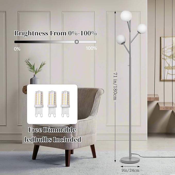 Dimmable 3-Globe Mid Century Modern Floor Lamp, Bulbs Included,70in Tall Silver Standing Floor Lamp with Frosted Glass Shade for Living Room,Office Bedroom, Study Room, Hotel, (dimmer-Silver)