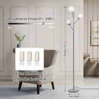 Dimmable 3-Globe Mid Century Modern Floor Lamp, Bulbs Included,70in Tall Silver Standing Floor Lamp with Frosted Glass Shade for Living Room,Office Bedroom, Study Room, Hotel, (dimmer-Silver)