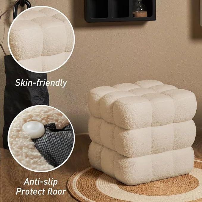 17''3 Square Ottoman Pouf Installed,Sturdy Wooden Frame,Capacity 330 lbs,Modern Sofa Stool Fuzzy Sherpa Footstool,Foot Rest,Cube Boucle,Vanity Stool,for Couch Living Room(Peach Fur)
