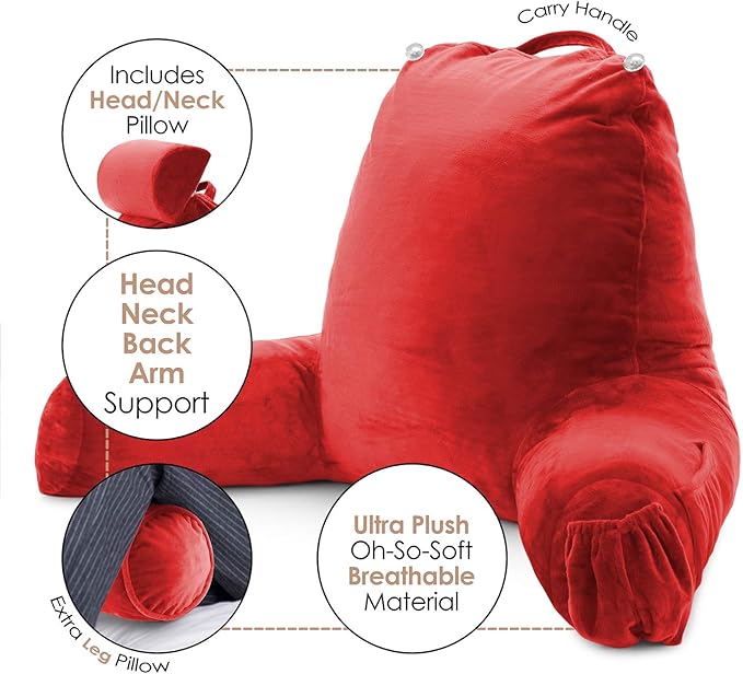 Nestl Reading Pillow Large Bed Pillow, Back Pillow for Sitting in Bed Shredded Memory Foam Chair Pillow, Reading & Bed Rest Pillows Cherry Red Back Pillow for Bed, Bed Chair Arm Pillow with Pockets