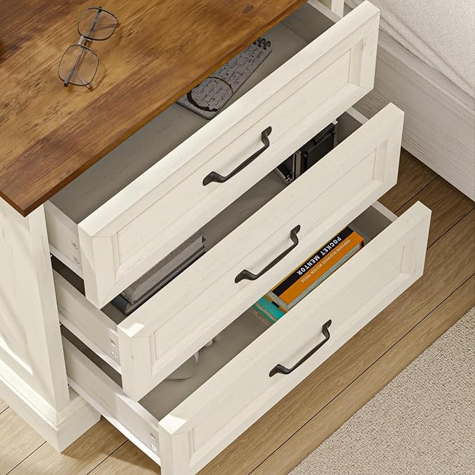 HOMMPA 24'' Farmhouse Nightstand with Charging Station, Bedside Tables with Storage, Side Table with USB Port, 3 Drawers End Table Dresser, Wood Night Stand for Bedroom, Living Room, Rustic White