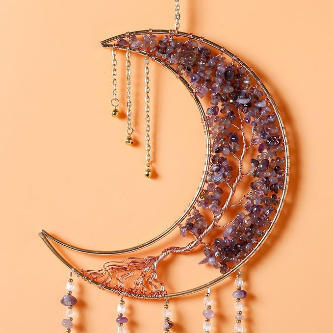 Agate Gemstone Dream Catcher 7 Chakra Tree of Life Dream Catcher with Rainbow Crystal Stones Handmade Dreamcatcher Wall Decor for Adults Boys Girls,Bedroom,Wedding,Garden,Bless Gift(Purple Moon)