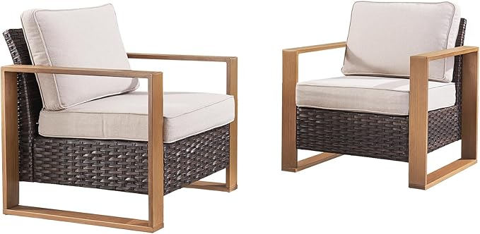 Wicker Outdoor Patio Chairs Set of 2, Rattan Patio Furniture Chairs with Sturdy Frame,All-Weather PE Wicker,Wide Armrest,Deep Seating and Thick Cushions for Deck Porch Garden(Brown/Beige)