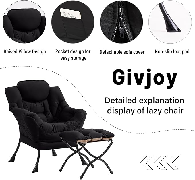 Cozy Lazy Chair and Ottoman, Large Contemporary Accent Lounge Chair Set, Leisure Upholstered Reading Armchair for Bedroom, Living Room, Dorm Rooms, Office