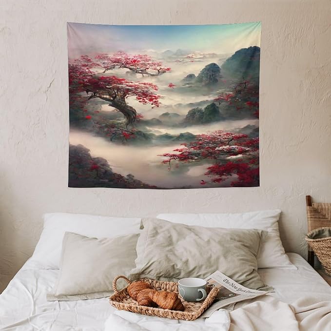 Japanese Tapestry, Red Plum Cherry Blossom Mountain Tapestry, Asian Japanese Wall Tapestry, Nature Landscape Tapestries for Bedroom Living Room Decor 60"x50"