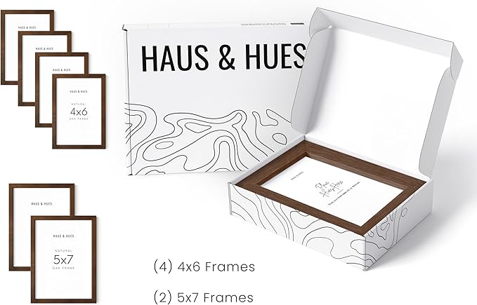 HAUS AND HUES Walnut Oak Wood Gallery Wall Tabletop Frames Made with Real American Oak and Shatter-free Plexiglass - Set of 6 (Four 4x6, Two 5x7, Framed Walnut)