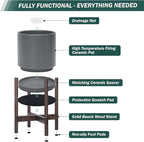 D'vine Dev Ceramic Planter with Walnut Color Stand - 12 Inch Modern Round Flower Pot with Wood Planter Holder, Grey, 55-B-W-3