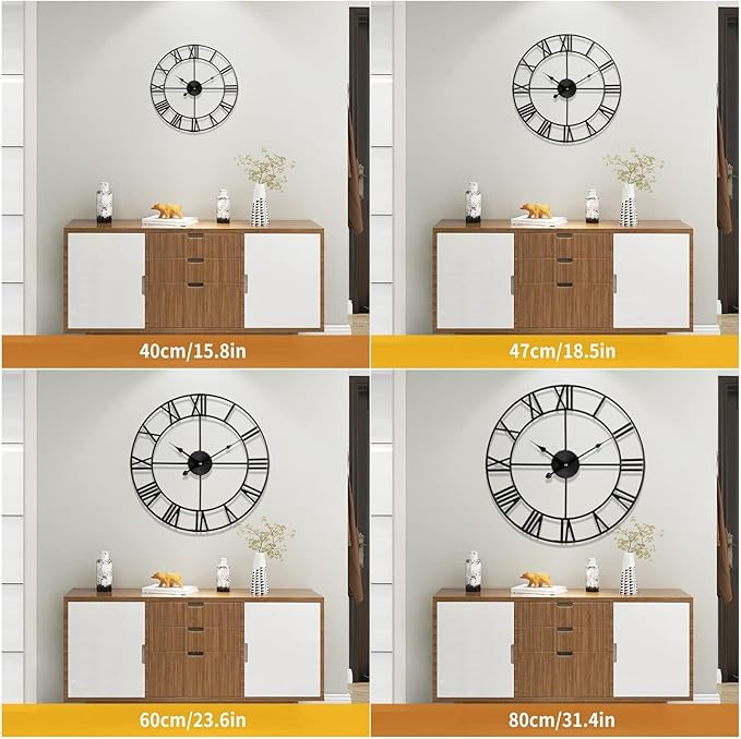 1st owned Large Wall Clock Silent Non-Ticking Roman Numerals Vintage Battery Operated (24 inch,18inch,16inch) Farmhouse Wall Clock for Living Room, Bedroom, Kitchen, Cafe Decor-Black 40CM