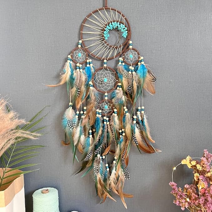 Pretty Jolly Brown Blue Feather Large Dream Catchers Wall Decor with Chakras Tree of Life Crystal Stone Ornament Handmade Dreamcatchers for Adult Boys Girls Bedroom Party Birthday Bless Gift-5Rings