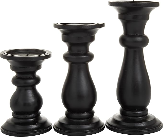 Deco 79 Mango Wood Decorative Candle Holder Turned Style Pillar Candle Stand, Set of 3 Candlestick Holder 10", 8", 6"H, Black