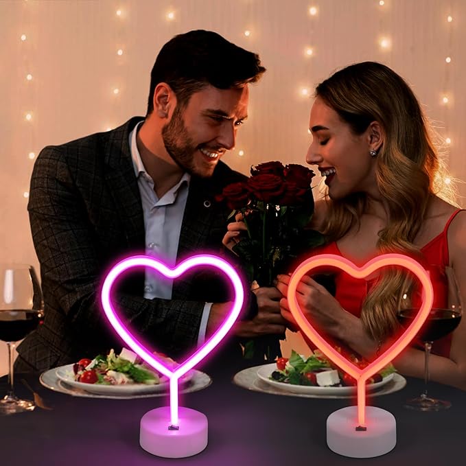 BRIGHTDECK 2 Pack Heart Neon Signs, LED Pink Lights Battery Operated or USB Powered Decoration Lamp, Neon Lights Heart Decor for Valentine's Day Gifts, Wedding, Party, Pink Room Decor