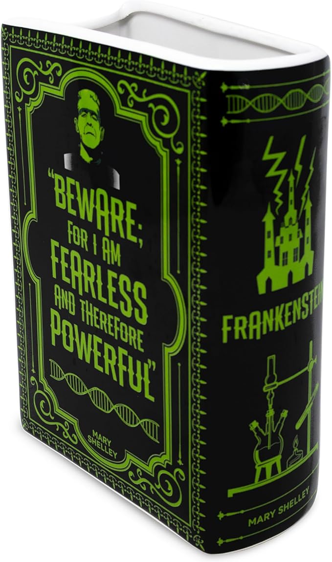 Steel Mill & Co Original Large Book-Shaped Decorative Vase, Ceramic Vases for Halloween Home Decor, Gothic Bookshelf Decor, Unique Vase for Book Lovers (Frankenstein)