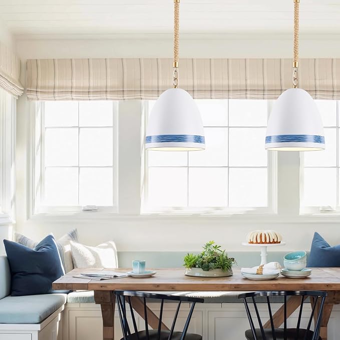Coastal White Pendant Light Metal Dome Kitchen Island Pendant Lighting with Chain 10in Large Pendant Hanging Light Over Dining Table, Beach Ceiling Pendant Lights for Entryway Hallway