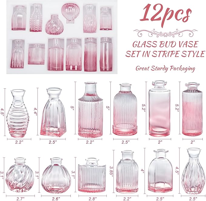 Pink Vase, Glass Bud Vases Set of 12, Small Pink Glass Vases for Flowers Colored Ribbed Flower Vase for Decor Bud Vase in Bulk Vintage Decor Bridal Shower Wedding Centerpieces Home Table Decoration