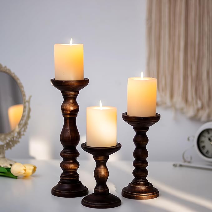 Romadedi Wood Candle Holders for Pillar - Set of 3 Tall Rustic Vintage Wooden Candlestick Holder, Farmhouse Candle Stand for Fireplace Mantle Shelf Table Home Decor, Dark Brown, 6"/ 8.3"/11.8"