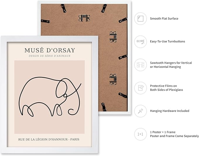 Poster Master Vintage Poster - Retro One Line Elephant Drawing Print - Elephant Art - Minimal Gift for Men, Women, Animal Lover - Abstract Wall Decor for Home, Office, 11x14 White Framed