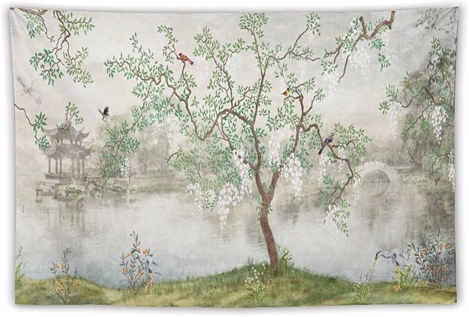 HZOHNAGO Japanese Tapestry Tree Misty Garden Lake Printed Wall Tapestry Ink Painting Wall Hanging for Bedroom Living Room Dorm 60" W x 40" H