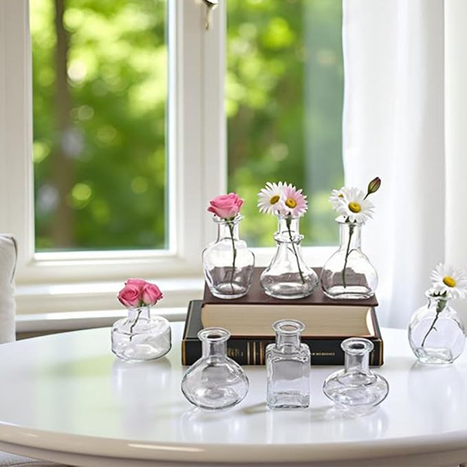 Bud Vases in Bulk Small Glass Clear Vase Set of 8 Different Shape Smooth Surface Vintage Mini Tiny Vases Modern Cute for Flowers Table Wedding Decor Centerpieces Home Party Dining Room