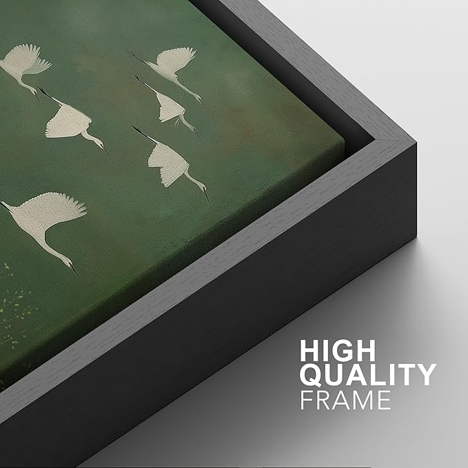 SIGNFORD Framed Canvas Print Wall Art Set Flight of Cranes Elegant Birds in Soft Green Hues Illustration Modern Art Decorative Nordic Nature for Living Room, Bedroom, Office - 24"x36"x2 Black