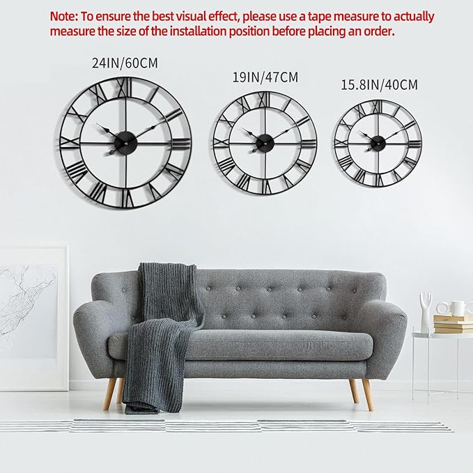LEIKE 16" Large Wall Clocks Battery Operated, Round Modern Silent Non-Ticking Black Metal Wall Clock for Living Room Decor, Bedroom Kitchen (40cm Diameter, Black Roman Number)