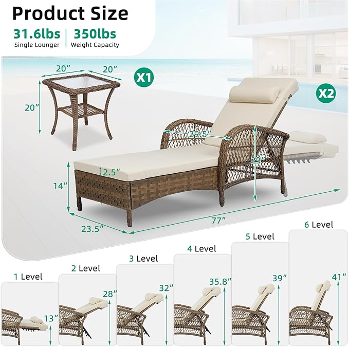 VIVIJASON 3 Pieces Outdoor Wicker Chaise Lounge Chair Set, All-Weather PE Rattan Cushioned Patio Lounger Set of 2 with Side Table, Adjustable Pool Sunbathing Recliner with Armrest & Pillow, Beige