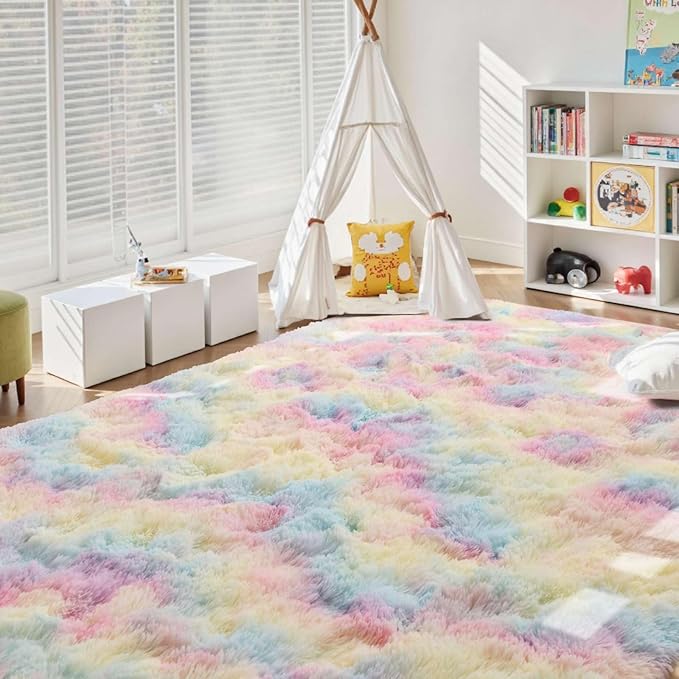 4x6 Ft Shag Kids Colorful Rugs for Bedroom, Ultra Soft Fluffy Furry Area Rugs for Nursery Living Room Indoor Floor, Aesthetic Carpet Home Decor (Rainbow)