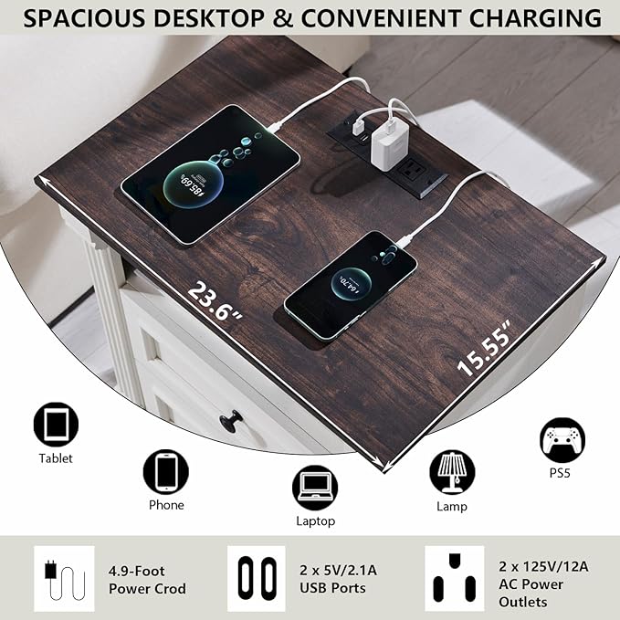 26" Tall 2 Drawers Dresser for Bedroom, Farmhouse 23.6" Wide Large Nightstand with Charging Station, Wood Rustic Side Table w/Roman Column, End Table for Bedroom, Living Room, White