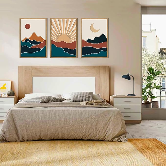 Large Boho Mountain Wall Art Set Modern Abstract Bohemian Wood Wall Decor Colorful Mid Century Neutral Artwork Sun and Moon Art Decor for Living Room Bedroom Office-16x24Inch x3