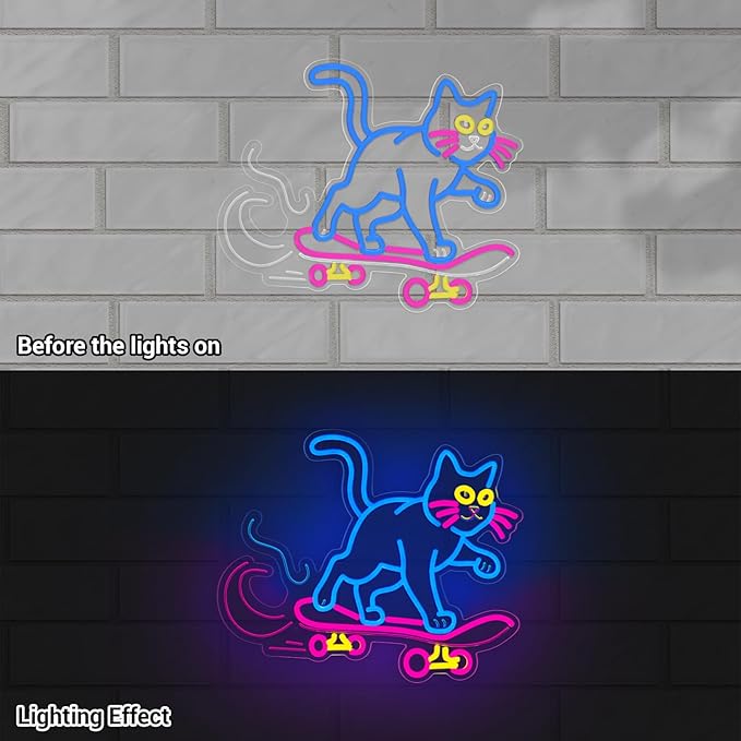 Cute Cat Neon Sign, Skateboard Neon Signs for Wall Decor Dimmable USB Room Decor for Teen Girl, Party, Bedroom, Pub, Furniture, Gifts for Birthday, Christmas (Cool Cat-Blue)