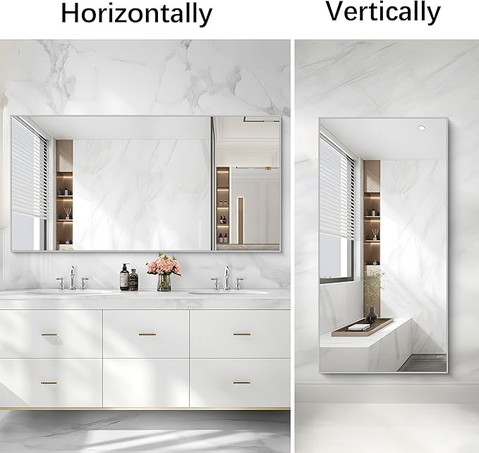 Silver Bathroom Mirror for Wall, 30x60 Inch Rectangle Mirrors with Metal Frame, Modern Vanity Large Wall Mirror for Bathroom Living Room, Entryway Hangs Horizontal or Vertical